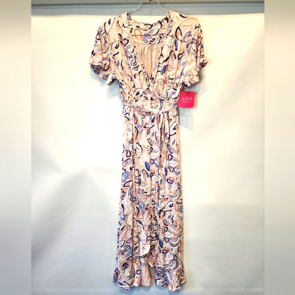 Ingrid Maternity XXL Maxi Dress Flutter Short Sleeve Belted Ruffle Floral Pink